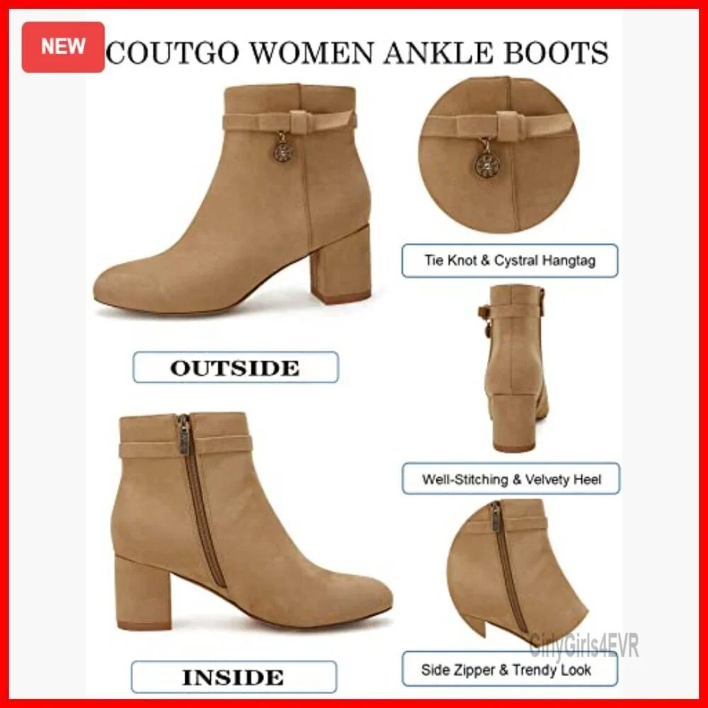 Women's Ankle Boots Chunky Block Heel Vintage Tie Knot Side Zipper Booties